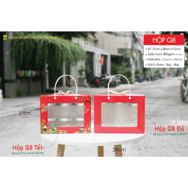 Hộp giấy đựng quà Tết 25 cái bánh mứt, thực phẩm và 3 hũ nhựa 1 lít Hộp Q8 273k