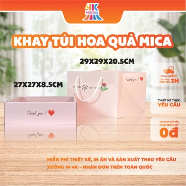 Hộp Giấy Mica Vuông 27x27x8,5cm Đựng Hoa Quả Trái Cây, Kèm Túi Quai Xách 4K PRINTING