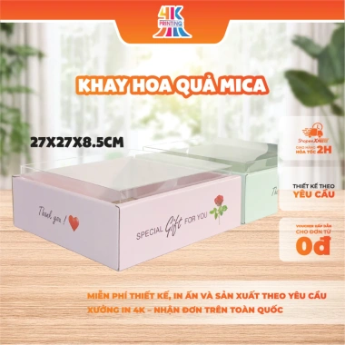 Hộp Giấy Mica Vuông 27x27x8,5cm Đựng Hoa Quả Trái Cây, Kèm Túi Quai Xách 4K PRINTING