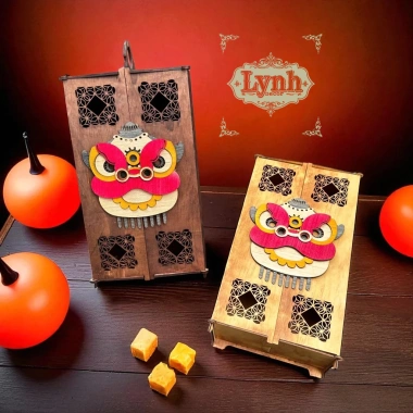 Hộp gỗ plywood 5mm Đầu Lân nổi 3D đựng bánh Trung Thu LynhDecor - Miễn phí in logo, chỉ 30.000đ