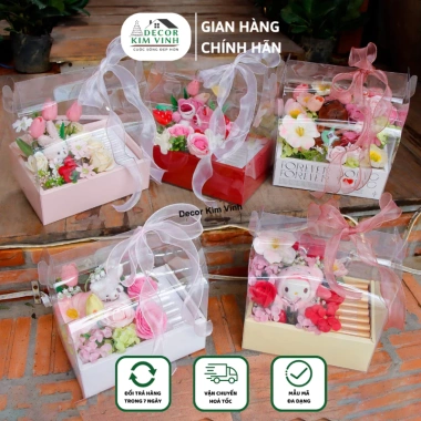 Hộp Hoa Gấu HH02 - Kèm Thiệp và Đèn, Quà Tặng Ý Nghĩa Cho 8/3, Sinh Nhật, Valentine - Decor Kim Vinh