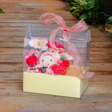 Hộp Hoa Gấu HH02 - Kèm Thiệp và Đèn, Quà Tặng Ý Nghĩa Cho 8/3, Sinh Nhật, Valentine - Decor Kim Vinh