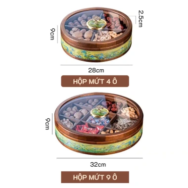 Hộp mứt gỗ xoay 9 ô Xanh Đỏ Tết 2.026 Hươu Vàng Tài Lộc, Quà Tết Bính Ngọ