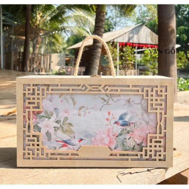 Hộp rượu gỗ tự nhiên hình 2 chim và hoa Đựng quà Tết 35x20x10 cm Giá xưởng 155.000