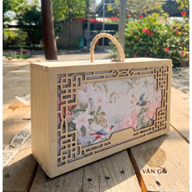 Hộp rượu gỗ tự nhiên hình 2 chim và hoa Đựng quà Tết 35x20x10 cm Giá xưởng 155.000