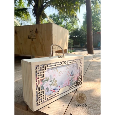 Hộp rượu gỗ tự nhiên hình 2 chim và hoa Đựng quà Tết 35x20x10 cm Giá xưởng 155.000