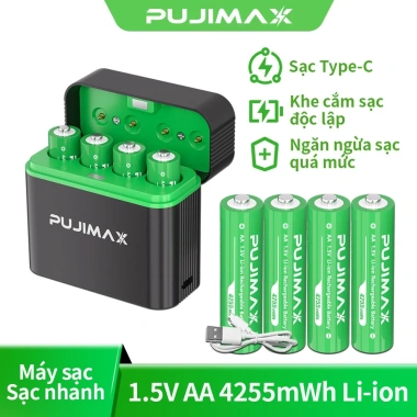Hộp sạc pin Pujimax Lithium 4 khe AA 1.5V 4.255mAh, sạc nhanh Type-C, giảm giá 22% - Chỉ 357.633₫