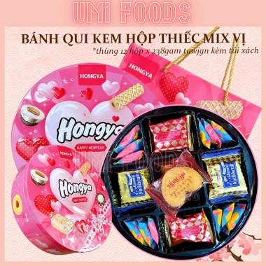 Hộp thiếc bánh qui kem mixed Hongya Hongkong - có túi xách, giảm giá 22 chỉ 105.999 VND