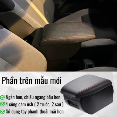 Hộp tỳ tay ô tô Vinfast VF3 đen cao cấp 2 ngăn, nhiều cổng sạc USB - Giá chỉ 345.000₫