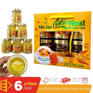 Hộp xách 6 hủ 70ml Like Nest - Tổ yến sào 25% yến chưng và Đông trùng hạ thảo Vàng, hỗ trợ sức khỏe
