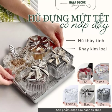 Hũ Đựng Mứt Tết Thủy Tinh Kèm Khay Kim Loại - Đĩa Trái Cây Có Nắp BK49 265.000