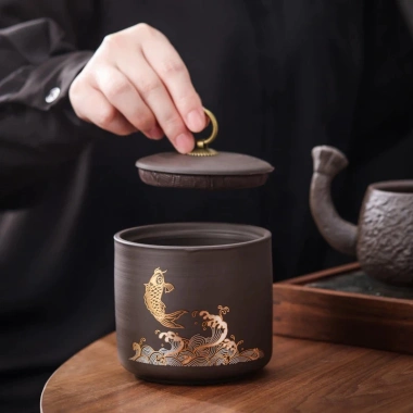 Hũ gốm tử sa cao cấp đựng trà, họa tiết ánh kim, nắp khít, giảm còn 75.000₫
