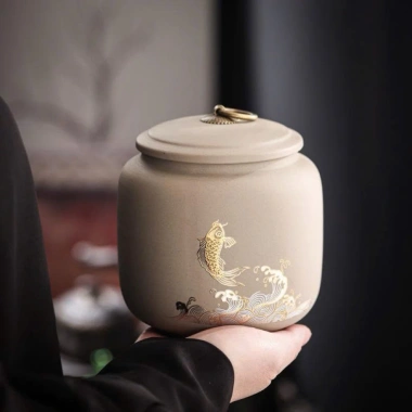 Hũ gốm tử sa cao cấp đựng trà, họa tiết ánh kim, nắp khít, giảm còn 75.000₫
