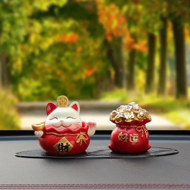 Hũ tiền đỏ trang trí ô tô, nhà cửa - Kèm tượng Thần Tài & mèo Thần Tài, thu hút tài lộc, giảm còn 43.520₫ 2