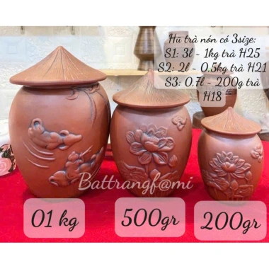 Hũ trà nón sành không tráng men hoạ tiết nổi Bát Tràng giá ưu đãi 155.000₫