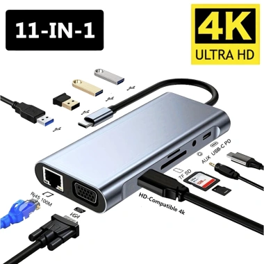 Hub 11 trong 1 Type-C USB 3.0 HD PD VGA RJ45 Audio 3.5mm Sạc nhanh – Giảm tới 95.000₫
