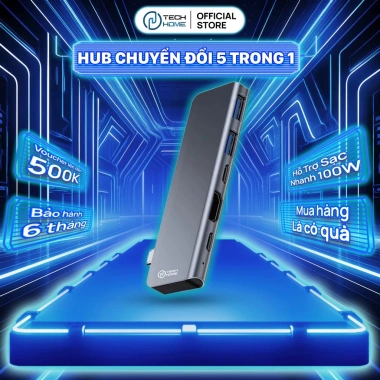 Hub 5 trong 1 TechHome DT1.026 – Sạc nhanh 100W, hỗ trợ USB‑C, HDMI, LAN, USB‑A, tương thích đa thiết bị