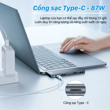 Hub 5 trong 1 TechHome DT1.026 – Sạc nhanh 100W, hỗ trợ USB‑C, HDMI, LAN, USB‑A, tương thích đa thiết bị