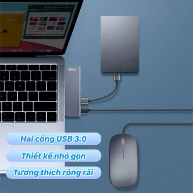 Hub 5 trong 1 TechHome DT1.026 – Sạc nhanh 100W, hỗ trợ USB‑C, HDMI, LAN, USB‑A, tương thích đa thiết bị