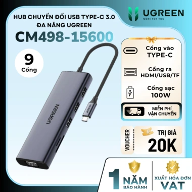 Hub 9 cổng Type-C Ugreen 15.600 - HDMI 4K, VGA, LAN Gigabit, PD 100W, USB 3.0, Đọc thẻ SD/TF - Giá chỉ 1,069,000₫