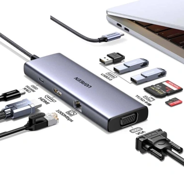 Hub 9 cổng Type-C Ugreen 15.600 - HDMI 4K, VGA, LAN Gigabit, PD 100W, USB 3.0, Đọc thẻ SD/TF - Giá chỉ 1,069,000₫