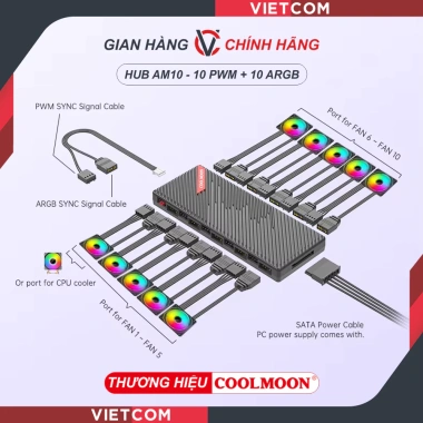 HUB AM10 - Bộ chia 10 cổng PWM + 10 cổng ARGB, tặng dây điều tốc, đồng bộ main, 95k VND