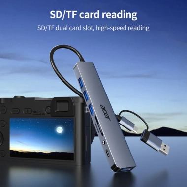 Hub Chia Cổng Acer T8 8 in 1 Type-C & USB 3.0 - 3 USB2.0, 1 USB3.0, TF/SD, 3.5mm - Chỉ 315.000 VND