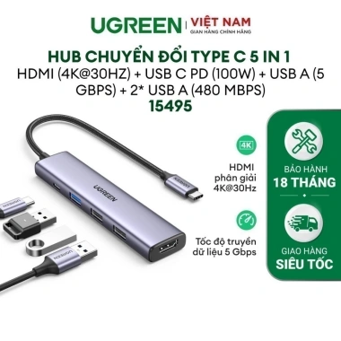 Hub chuyển đổi Type C Ugreen 5 in 1 vỏ nhôm – Truyền tải nhanh, BH 18 tháng, 1 đổi 1