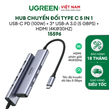 Hub chuyển đổi Type‑C Ugreen 5 in 1 vỏ nhôm cao cấp – Truyền tải nhanh, Bảo hành 18 tháng, 1 đổi 1