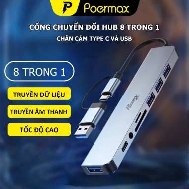 Hub Tuyp C & USB 8 in 1 Poermax HU1 - Tương thích mọi laptop, PC, Giá 145.000₫