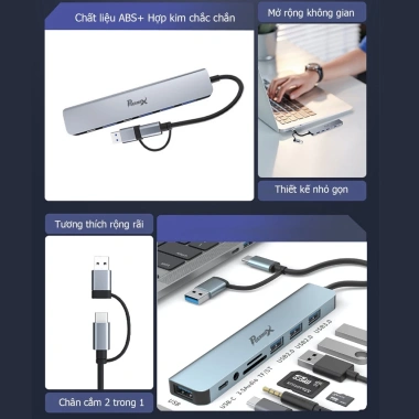 Hub Tuyp C & USB 8 in 1 Poermax HU1 - Tương thích mọi laptop, PC, Giá 145.000₫