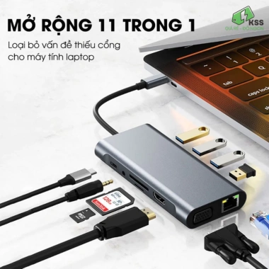 Hub Type C 11 Cổng Nhôm Tản Nhiệt KSS - HDMI, VGA, LAN RJ45, Tai nghe 3.5mm, PD
