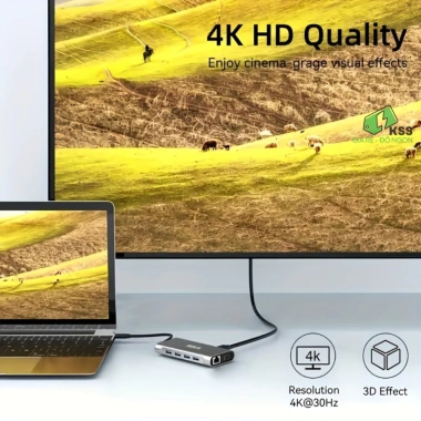 Hub Type C 11 Cổng Nhôm Tản Nhiệt KSS - HDMI, VGA, LAN RJ45, Tai nghe 3.5mm, PD