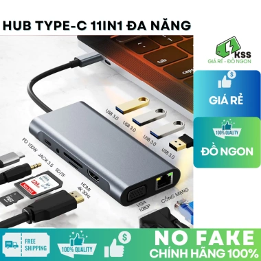 Hub Type C 11 Cổng Nhôm Tản Nhiệt KSS - HDMI, VGA, LAN RJ45, Tai nghe 3.5mm, PD 6 Hub Type C 11 Cổng Nhôm Tản Nhiệt KSS - HDMI, VGA, LAN RJ45, Tai nghe 3.5mm, PD 6