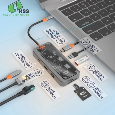 Hub Type C 11 Cổng Nhôm Tản Nhiệt KSS - HDMI, VGA, LAN RJ45, Tai nghe 3.5mm, PD