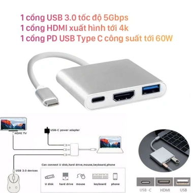 Hub Type C 3in1 - Chuyển Đổi USB‑C sang HDMI 4K, USB 3.0, PD 65W cho MacBook, Samsung Dex - Giá 145.000₫