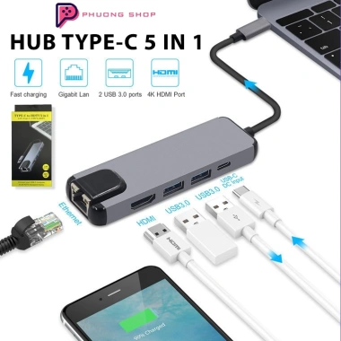 Hub Type C 5/6 in 1 Cổng LAN USB-C sang Gigabit Ethernet, USB 3.0, HDMI, PD - 178.000 VND
