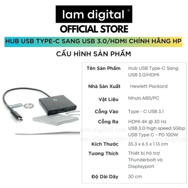 HUB Type-C sang HDMI + USB 3.0 chính hãng HP, bảo hành 1 năm, giảm giá 20%