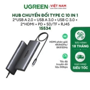 Hub Type-C Ugreen 10 trong 1 – HDMI 4K 60Hz, Ethernet 1Gbps, 18 tháng bảo hành, chỉ 999.000₫