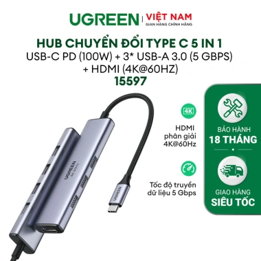 Hub Type C Ugreen 5 trong 1 vỏ nhôm cao cấp - Truyền tải nhanh, Bảo hành 18 tháng - Giá chỉ 329.000₫ 2