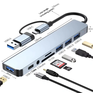 Hub Type-C USB 3.0 8 Port chuyển đổi 2 đầu in 1 đọc thẻ SD/TF - Giá chỉ 100.000₫