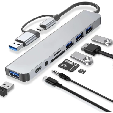 Hub Type-C USB 3.0 8 Port chuyển đổi 2 đầu in 1 đọc thẻ SD/TF - Giá chỉ 100.000₫