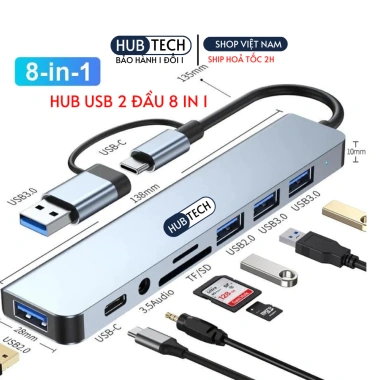 Hub Type C USB 3.0 8 Port, Đọc Thẻ SD/TF 3.5mm, Tương Thích Laptop - 48.000 VND