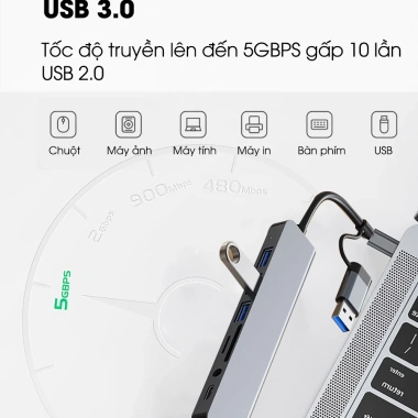 Hub Type C USB 3.0 8 Port SIDOTECH UT8D – Chuyển Đổi 2 Đầu In 1, Đọc Thẻ SD/TF 3.5, Tương Thích Laptop – Giá 165.000đ