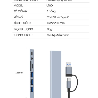 Hub Type C USB 3.0 8 Port SIDOTECH UT8D – Chuyển Đổi 2 Đầu In 1, Đọc Thẻ SD/TF 3.5, Tương Thích Laptop – Giá 165.000đ
