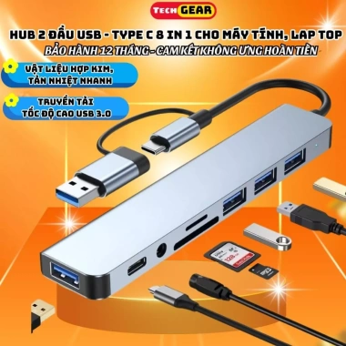 Hub Type C USB 3.0 8 trong 1 – Bộ Chia USB đa năng cho Laptop, PC, Máy In