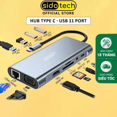 Hub Type C USB 3.0 Sidotech 11 cổng – Kết nối laptop, máy in, điện thoại, máy ảnh, giá chỉ 185.000₫