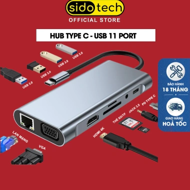 Hub Type C USB 3.0 Sidotech 11 Cổng VGA HDMI SD TF 5Gbps Giá 329.000 VND