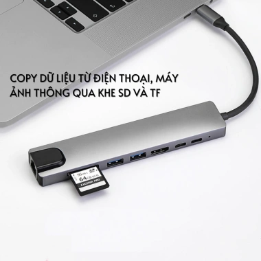 Hub Type‑C 8 trong 1 HDMI, LAN RJ45, USB‑C, SD/TF – Hỗ trợ Thunderbolt 3/4 & DEX, chỉ 109.000₫ 5