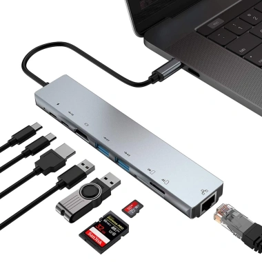 Hub Type‑C 8 trong 1 HDMI TF SD USB RJ45 cho MacBook Laptop Điện thoại - Giá 245.000₫
